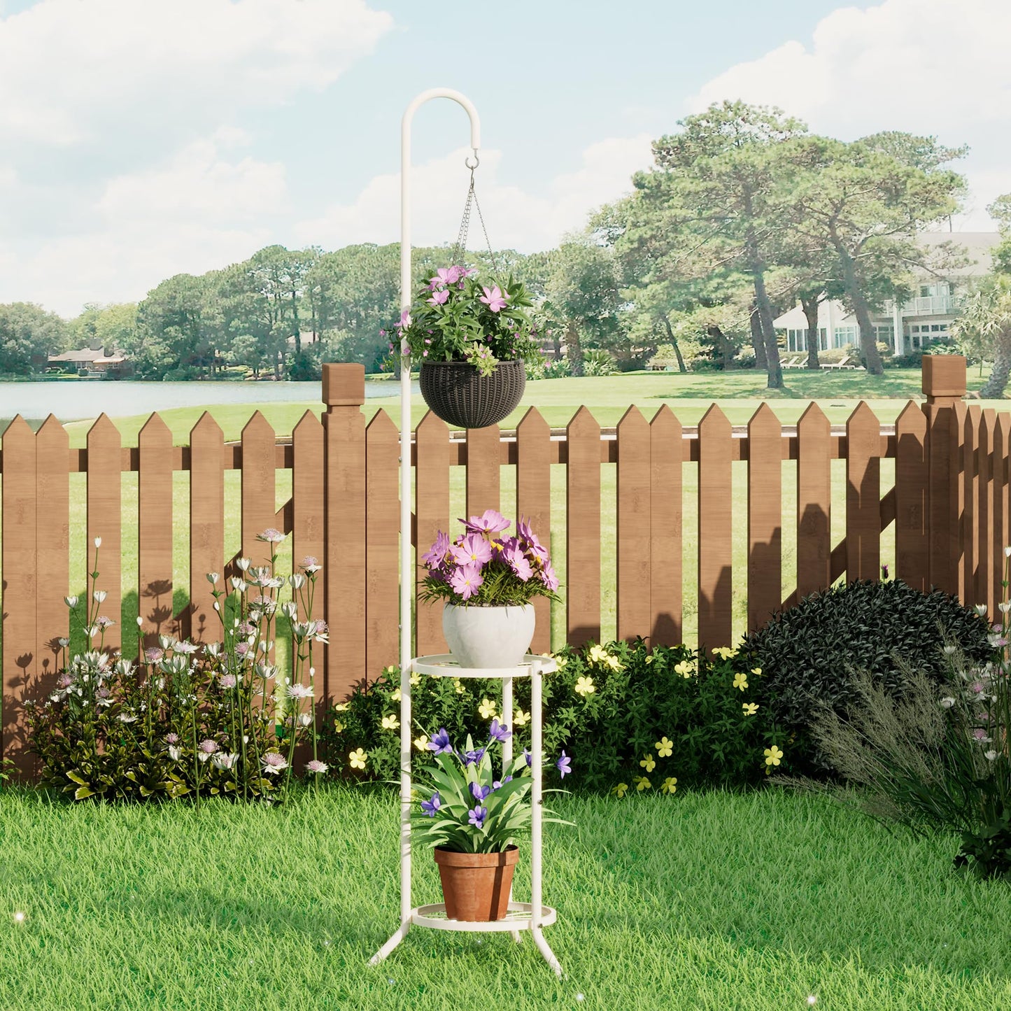 2-Tier Hanging Plant Stand, Heavy Duty Metal Planter Rack - Space Saving Indoor/Outdoor Shelves with 41" Hanging Space - Display Multiple Flower Pots, Tall Iron Plant Organizer for Living Room, Patio & Garden