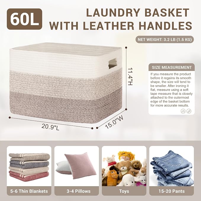 60L Laundry Basket with Leather Handles for Living Room Storage, Woven Rope Baskets Bin for Blanket, Kids Toy, Gifts, Wicker Hamper for Bedroom Dirty Clothes, Gradient Brown