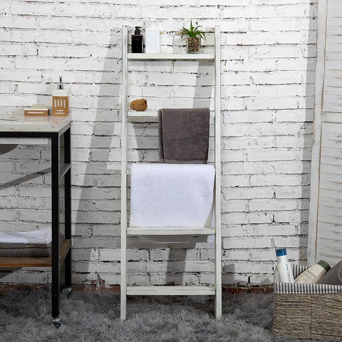 MyGift Large Whitewashed Wood Ladder Blanket Ladder, Farmhouse Style Wall Leaning Towel Rack with 5 Rungs (Vintage White)
