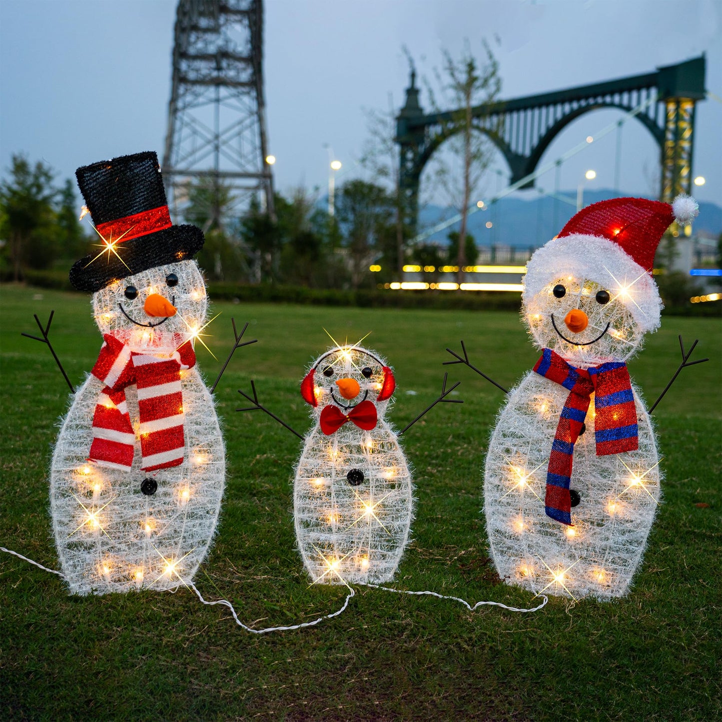 TW SHINE Lighted Christmas Snowman Outdoor Decoration, 3-Piece Pre-Lit 2D Snowman Family Set with 55 Warm White Lights, Christmas Yard Decorations for Patio Lawn Garden Decor, 29.9X12.2Inch-Large