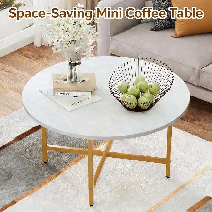 FAMIDGE Coffee Table, 23.6" Coffee Tables for Living Room, Round Coffee Table with Metal Frame, Floor Table for Sitting on The Floor, Home, Office, White & Gold Legs