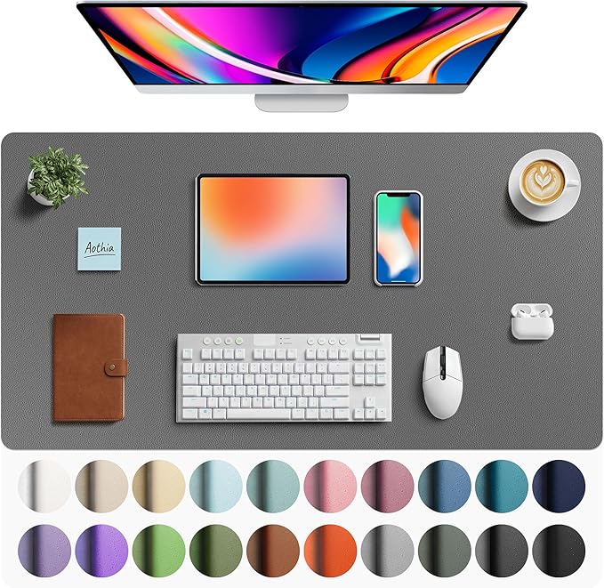 Aothia Faux Leather Desk Mat - Large Mouse Pad, Non-Slip PU Leather Blotter, Waterproof Writing Surface for Office and Home (Grey, 40" x 24")