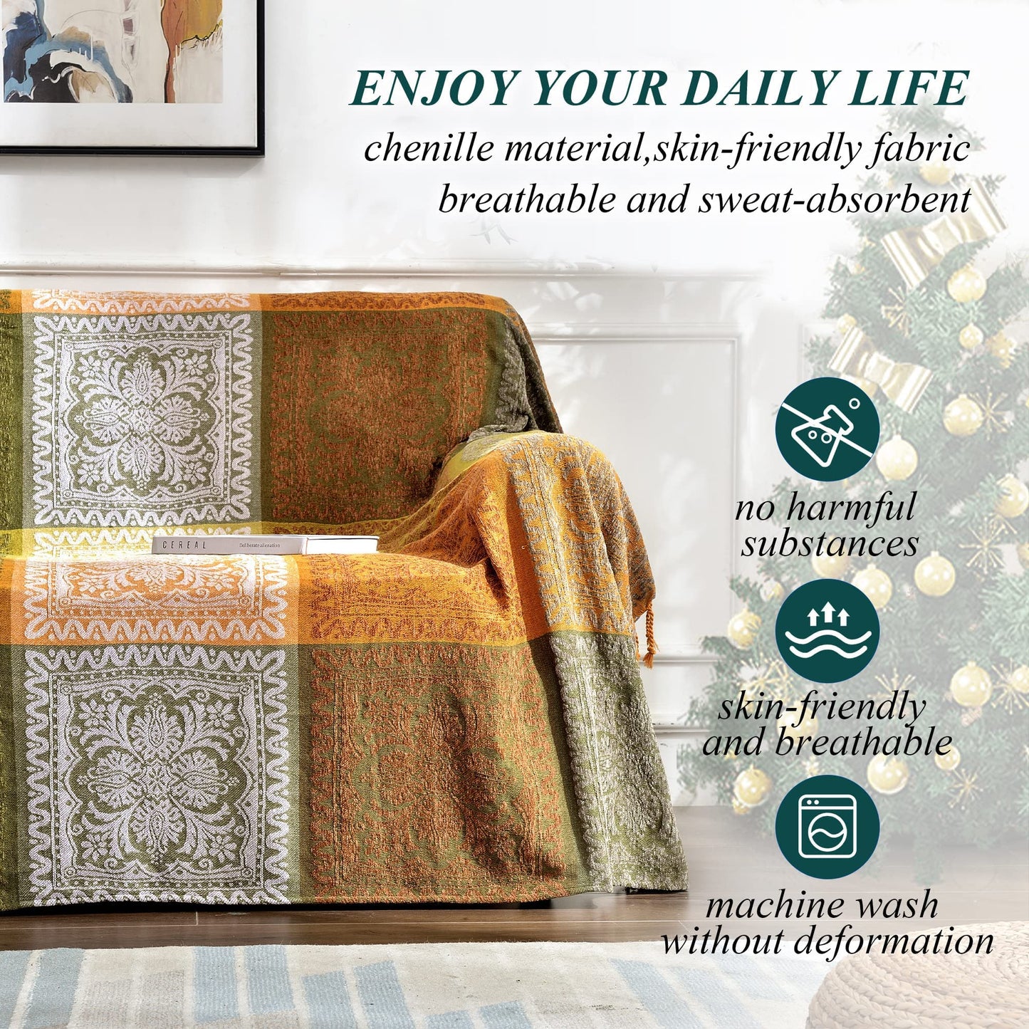 Edcooy Boho Couch Cover, Bohemian Throw Blanket Tassels Hippie Decor Covers Sofa Chair loveseat Furniture Bed， Bohemian Tribal Fringe slipcover (Green, 60x75)…