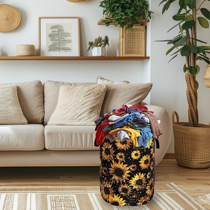 Beautiful Sunflower Laundry Basket Foldable Oxford Cloth Yellow Floral Laundry Hamper With Handle Portable Clothes Storage Organizer Basket 18.9"x16.5" Storage Bag For Laundry Room/Bathroom/Bedroom