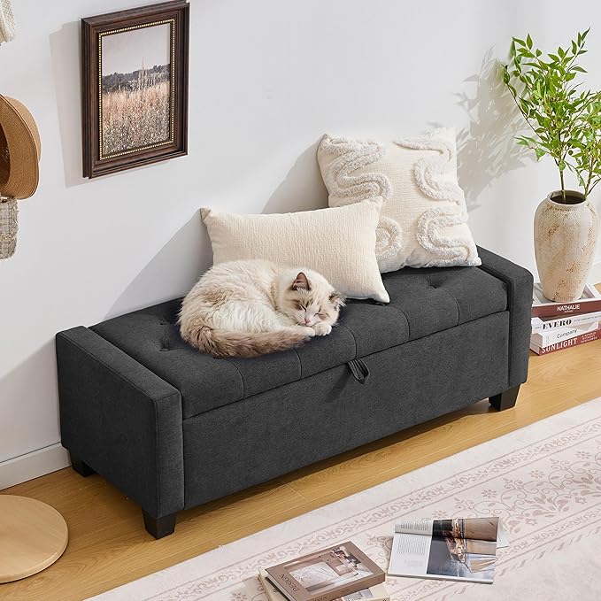 Huatean Home 43" Ottoman with Storage, Storage Ottoman Bench with Safety Hinge, Upholstered Entryway Bench with Seating for Bedroom, Living Room, Holds up to 330 lb, Dark Gray