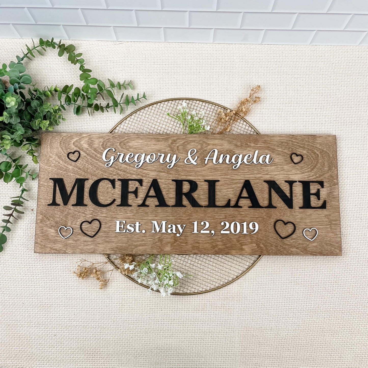 Personalized Family Name Sign – Custom Wooden Name Sign, Wedding Welcome Sign, Newlywed & Housewarming Gifts, New Home Gift Ideas, Family Name Sign, Hickory Hollow Designs (Est. Full Date)