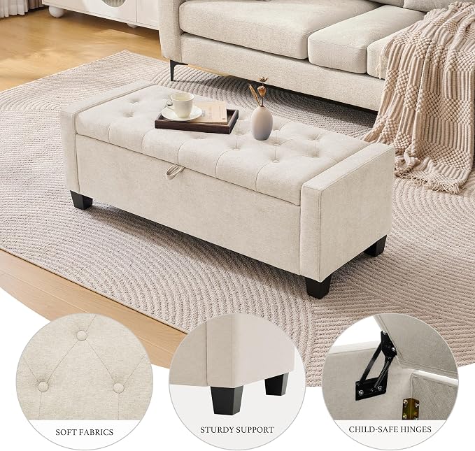 Huatean Home 43" Ottoman with Storage, Storage Ottoman Bench with Safety Hinge, Upholstered Entryway Bench with Seating for Bedroom, Living Room, Holds up to 330 lb, Beige
