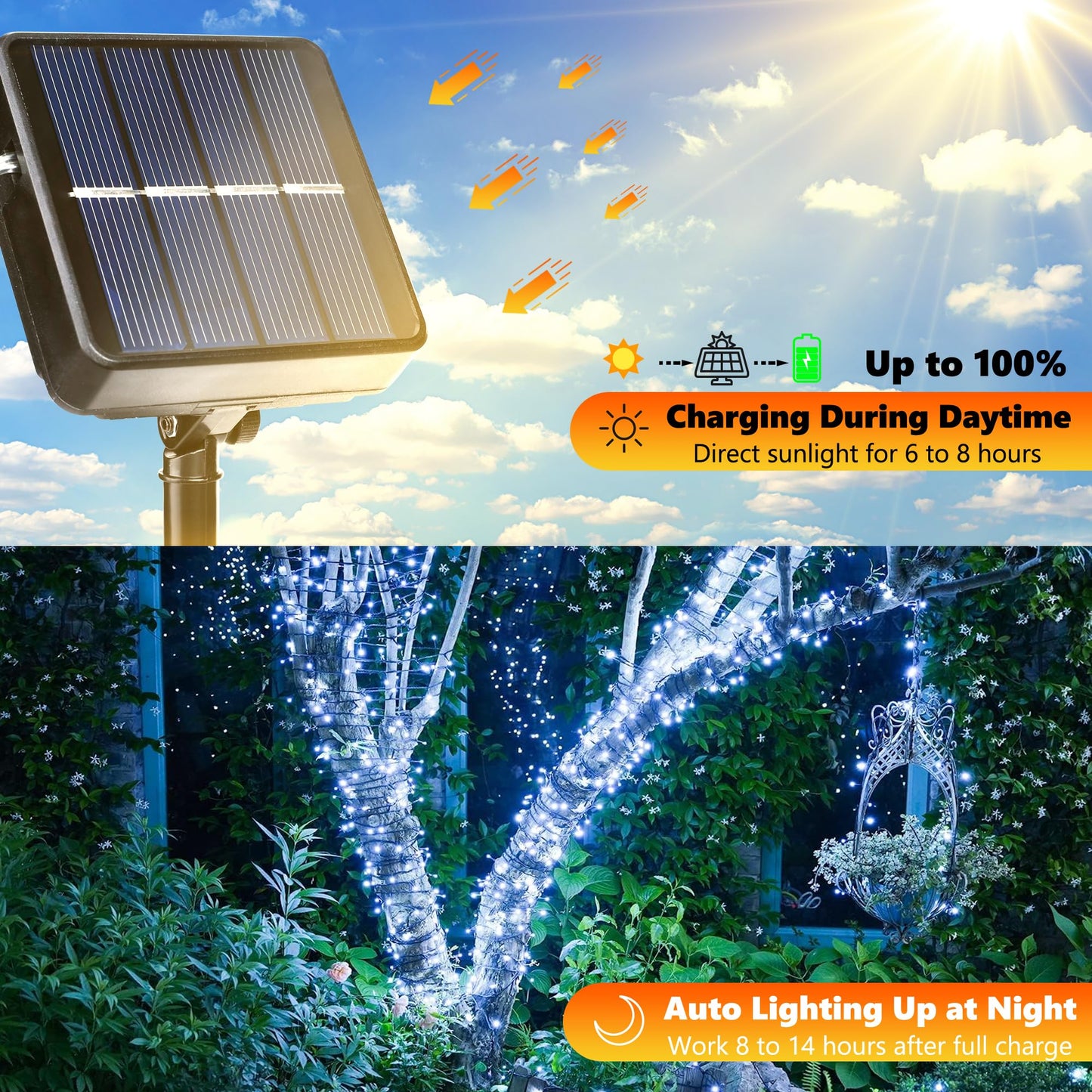 Joomer Solar Christmas String Lights, 39FT 100LED Waterproof Outdoor Lights with 8 Modes Twinkle Fairy Light for Garden, Patio, Yard, Tree and Christmas Decor (White)