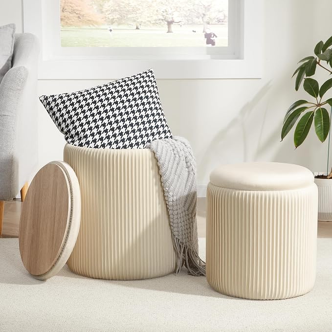 Royal Windsor Round Ottoman with Storage Set of 2,Vanity Stool with Storage for Bedroom, Ottoman Coffee Table,Small Velvet Foot Stool for Living Room, Beige