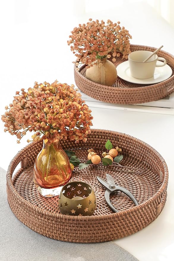 HITOMEN 14.2" Hand-Woven Round Rattan Serving Tray Decorative Ottoman Wicker Platter with Handles for Coffee Table, Breakfast, Drinks, Snack, Bread, Fruit, Vegetables (Warm Brown-L)