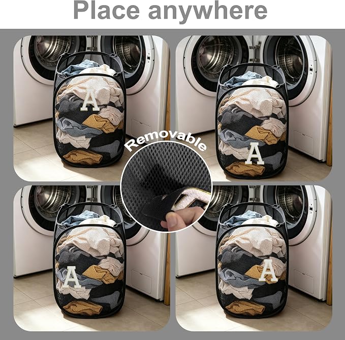 Collapsible Pop Up Laundry Hamper, Extra Large with Removable Initial Letter A, Mesh Foldable Laundry Basket, 28" x 16" x 16" (Black)
