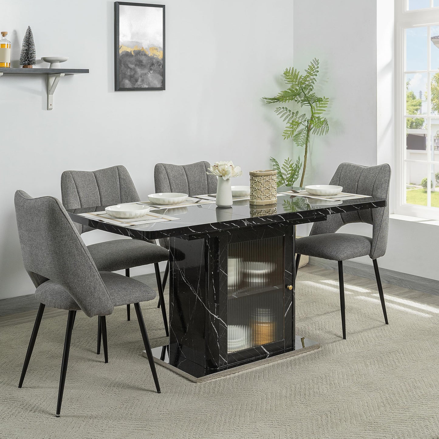 GDFStudio 47.24"-63" Farmhouse Extendable Dining Table for 4-6, Printed Marble Top Rectangle Dining Table with Storage Shelves & Glass Door Cabinet, Space Saving Kitchen and Dining Room Table, Black