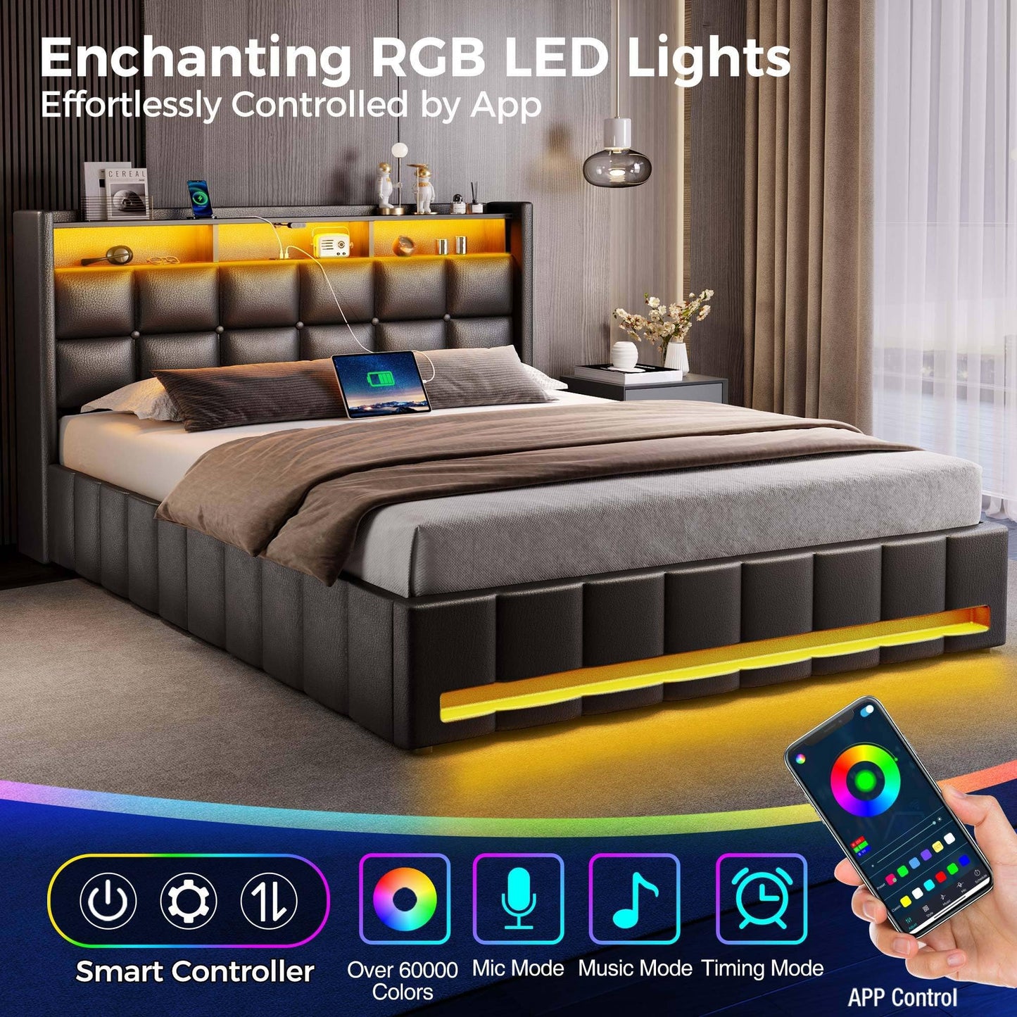 Rolanstar Bed Frame Full Size with Lift Up Storage, Charging Station & LED Lights, Upholstered Storage Headboard, Heavy Duty Wooden Slats, No Box Spring Needed, Noise Free, Easy Assembly, Black