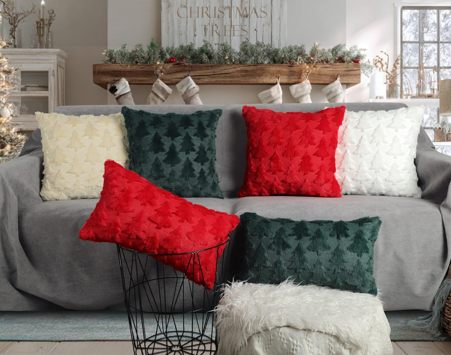 4TH Emotion Christmas Tree Decorative Pillow Covers 18x18 Set of 2, White Soft Plush Faux Fur Farmhouse Throw Cushion Cases for Xmas Winter Holiday Home Decor