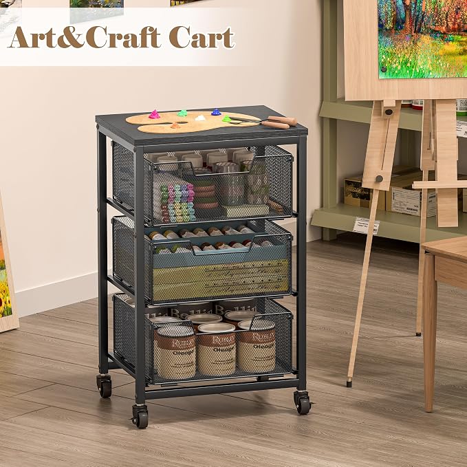 Under Desk Storage Cart with Lockable Wheels, 3-Drawer Rolling Storage Cart, Metal Utility Cart with Drawers for Art Cart, Craft Cart, Classroom, Office, Kitchen, Bedroom