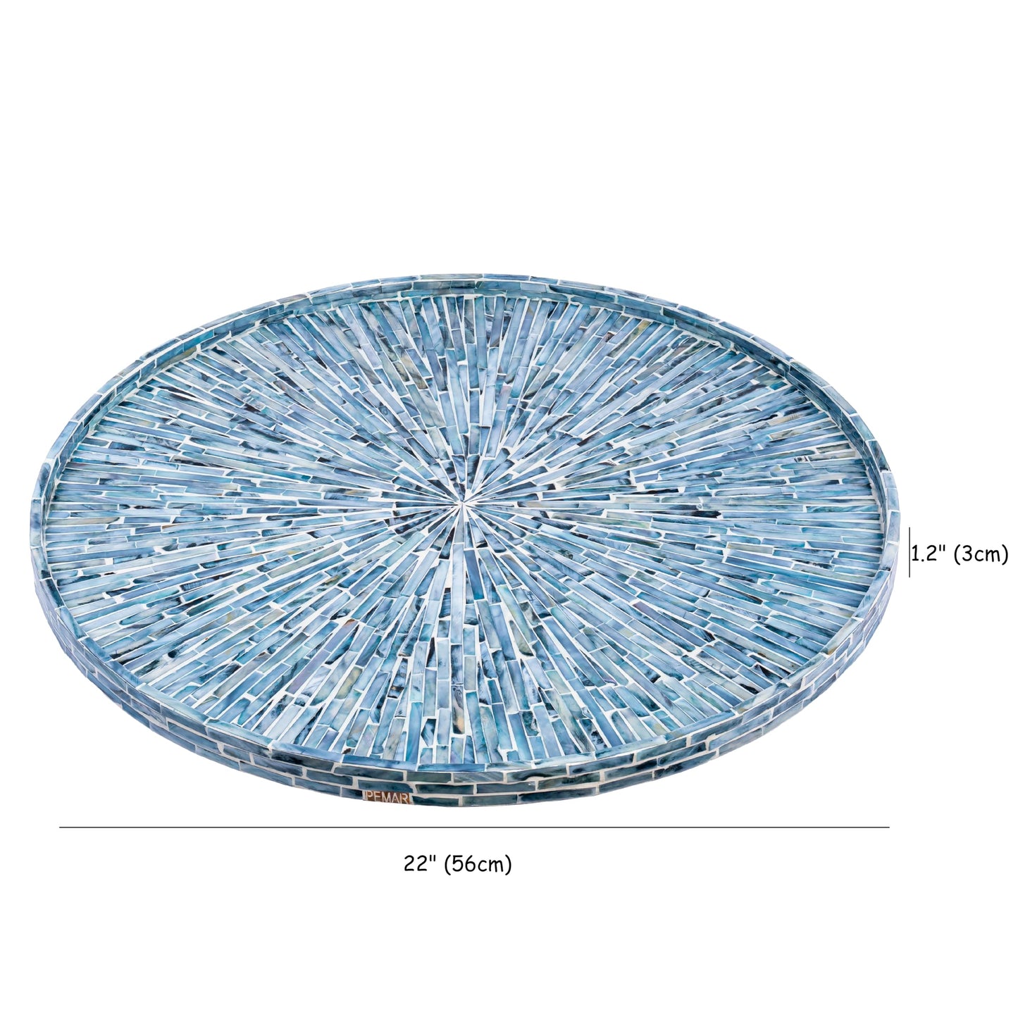 PEMAR 22" Round Mother of Pearl Extra Large Ottoman Tray with Raised Edge, Oversized Decorative Luxury Wooden Serving Tray for Food, Coffee Table, Breakfast in Bed (Blue Sunlight)