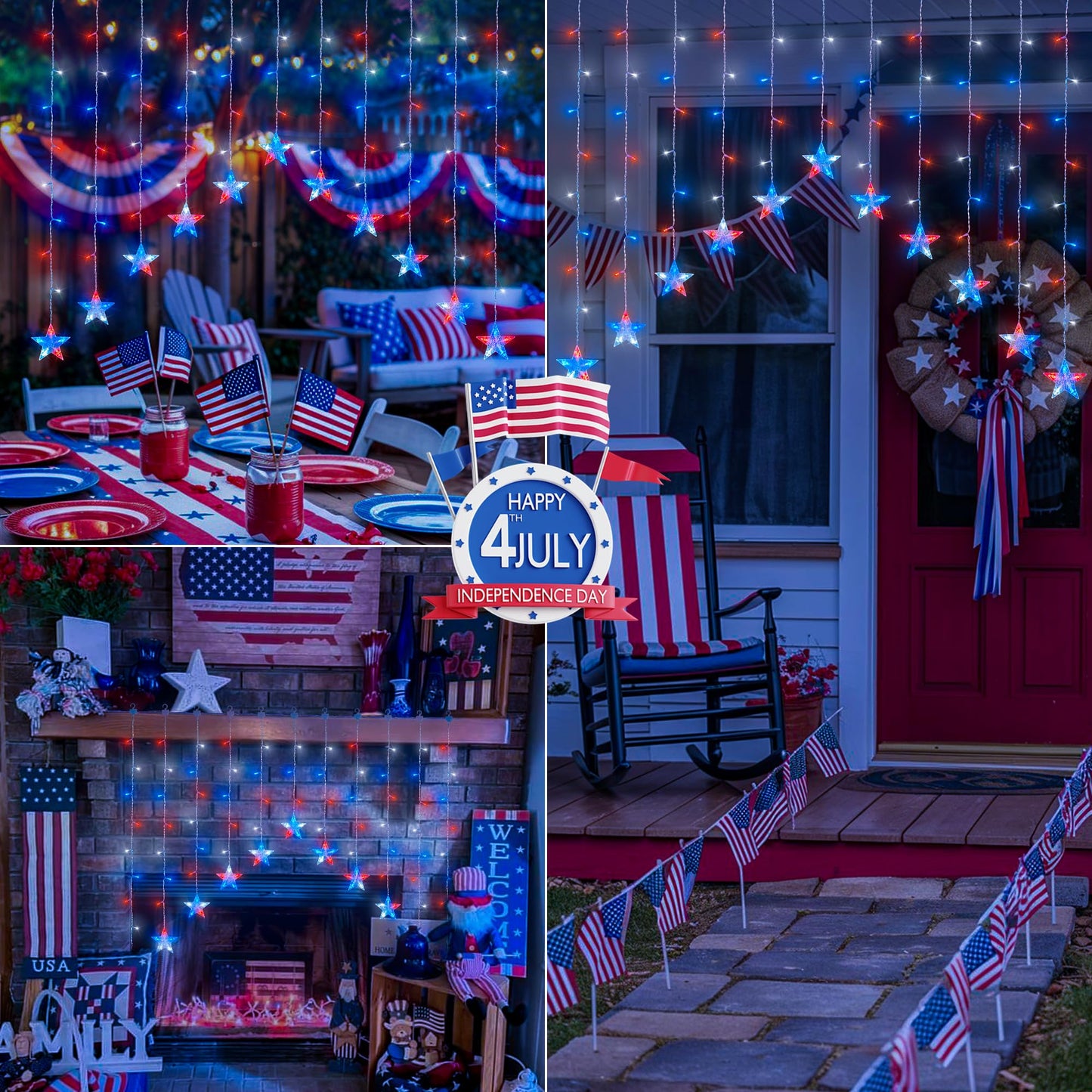 woohaha 4th of July Patriotic Star Icicle Lights,118LED Red White and Blue Curtain Window Lights,Connectable Star String Light Plug in for Independence Day,Garden,Fourth of July Decorations
