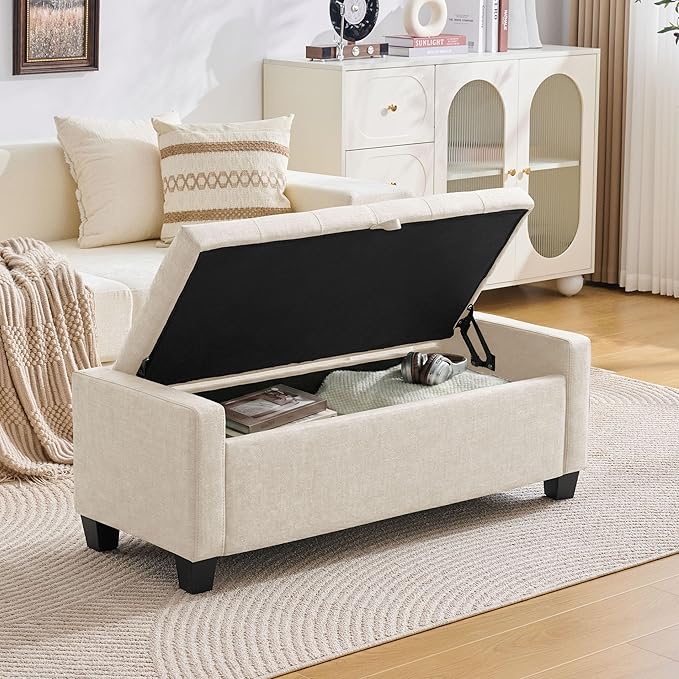 Huatean Home 43" Ottoman with Storage, Storage Ottoman Bench with Safety Hinge, Upholstered Entryway Bench with Seating for Bedroom, Living Room, Holds up to 330 lb, Beige