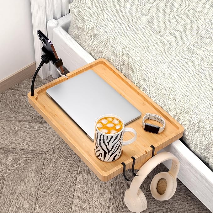 Bedside Shelf for Dorm Bed & Top Bunk, Bamboo Bed Side Table Tray with Cup Phone Holder & Hooks, Bedside Caddy, Clip on Nightstand Bedside Storage College Dorm Room Essentials (Bamboo)