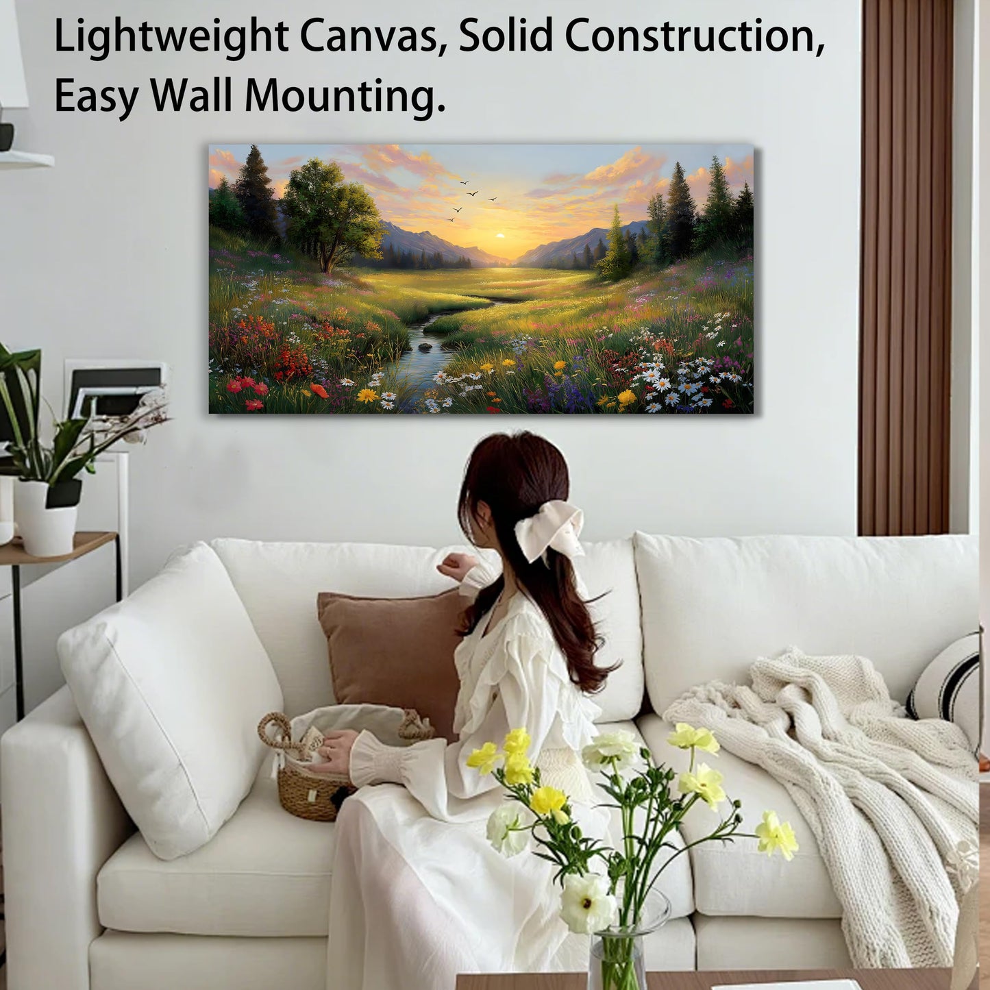 Tarfupth Large Green Landscape Canvas Wall Art for Living Room Sunset Mountain Wildflowers Canvas Prints Nature Scenery Artwork for Bedroom Office Home Decor 20"x40"