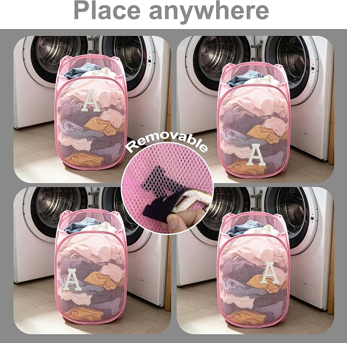 Collapsible Pop Up Laundry Hamper, Extra Large with Removable Initial Letter A, Mesh Foldable Laundry Basket, 28" x 16" x 16" (Pink)