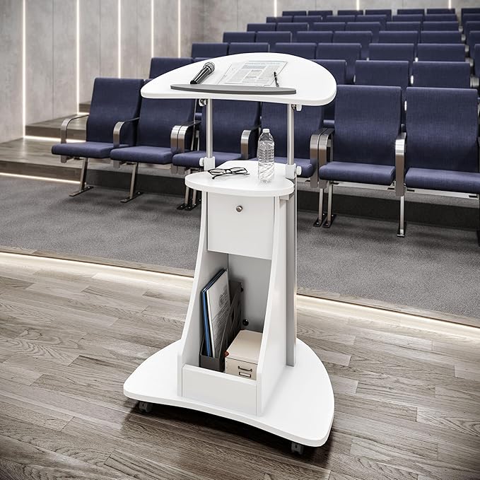 Adjustable Height Rolling Laptop Cart with Storage, Sit to Stand Desk with Wheels, Podium Stand or Medical Cart, White