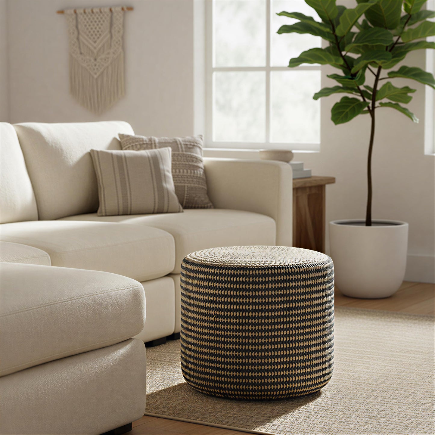 SIMPLIHOME Larissa Round Pouf - 18 inch Wide Hand Braided Jute Ottoman in Sandy Natural/Ebony, Boho Footstool or Extra Seating for Living Room or Kids Room with Polystyrene Bead Filling, Assembled