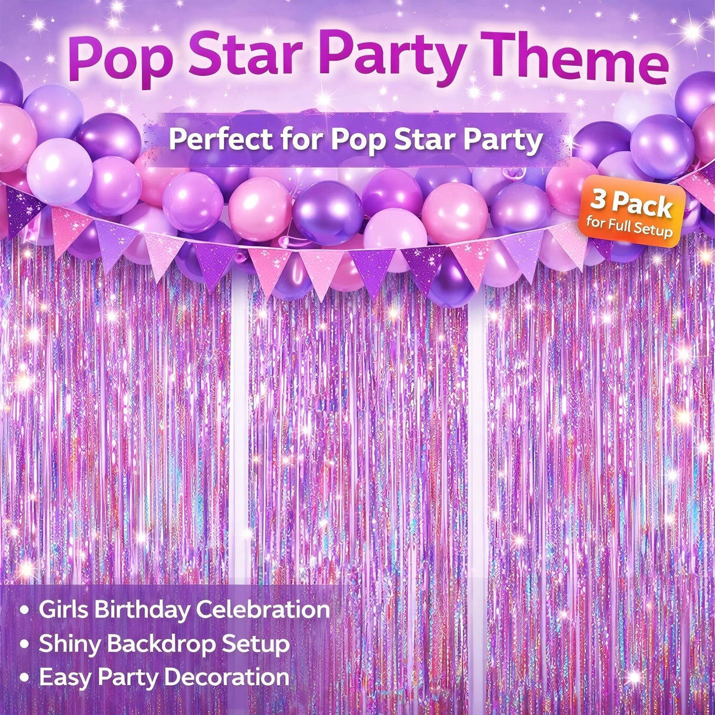 Happy Mothers Day Decorations Melsan 3 Pack 3.2 x 8.2 ft Pinkish Purple Tinsel Fringe Curtain Backdrop, Sparkling Metallic Party Decorations for Girls Birthday, Bachelorette, Wedding, Photo Booth