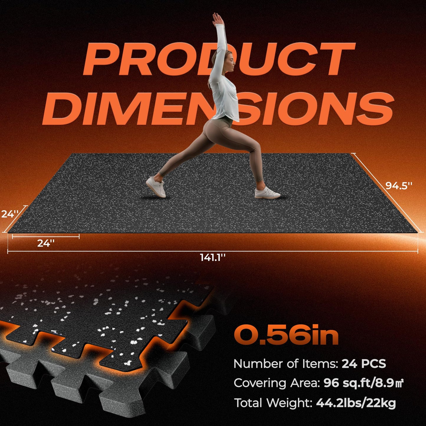 SUPERJARE 0.56'' Thick 24 Pcs 96 Sq Ft Rubber Top Exercise Equipment Mats, High Density EVA Foam Mats with Rubber Top, Interlocking Gym Flooring for Home Gym, Protective Workout Mat, Black/Grey