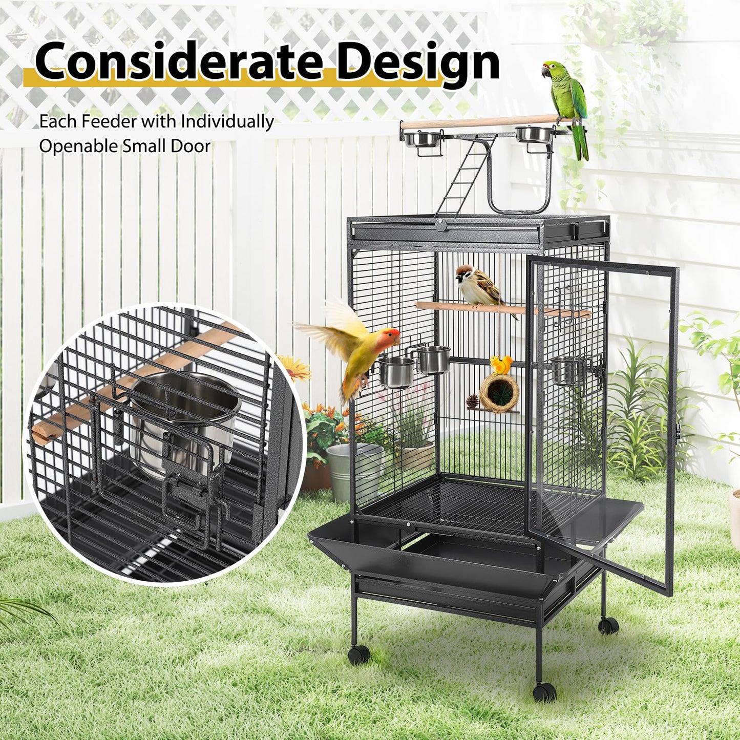 64.4" Tall Large Bird Cage, Metal Parrot Cage with Play Top, Rolling Stand & Bowls - Bird Aviary for Parrots, Conures, Cockatiels, Parakeets, Indoor Outdoor Aviary for Outside Porch Yard Garden