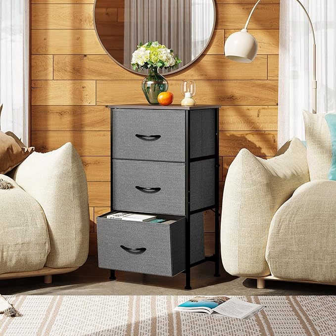 WLIVE Dresser with 3 Drawers, Fabric Nightstand, Organizer Unit, Storage Dresser for Bedroom, Hallway, Entryway, Closets, Sturdy Steel Frame, Wood Top, Easy Pull Handle, Dark Grey