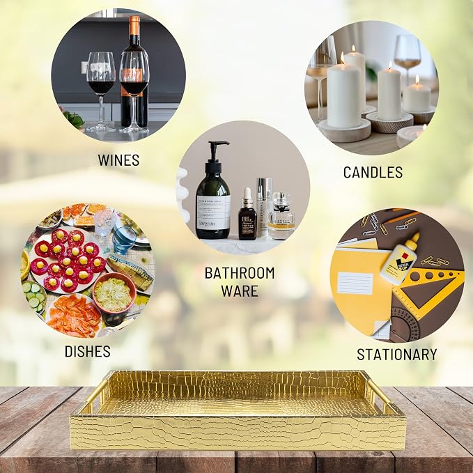 ATZYmolin 17" x 12" Wood Serving Tray with Gold Polished Metal Handles, Home Decorative Wooden Rectangle Ottoman Leather Decor Platter Bathroom Vanity Tray for All Occasions Alligator Gold