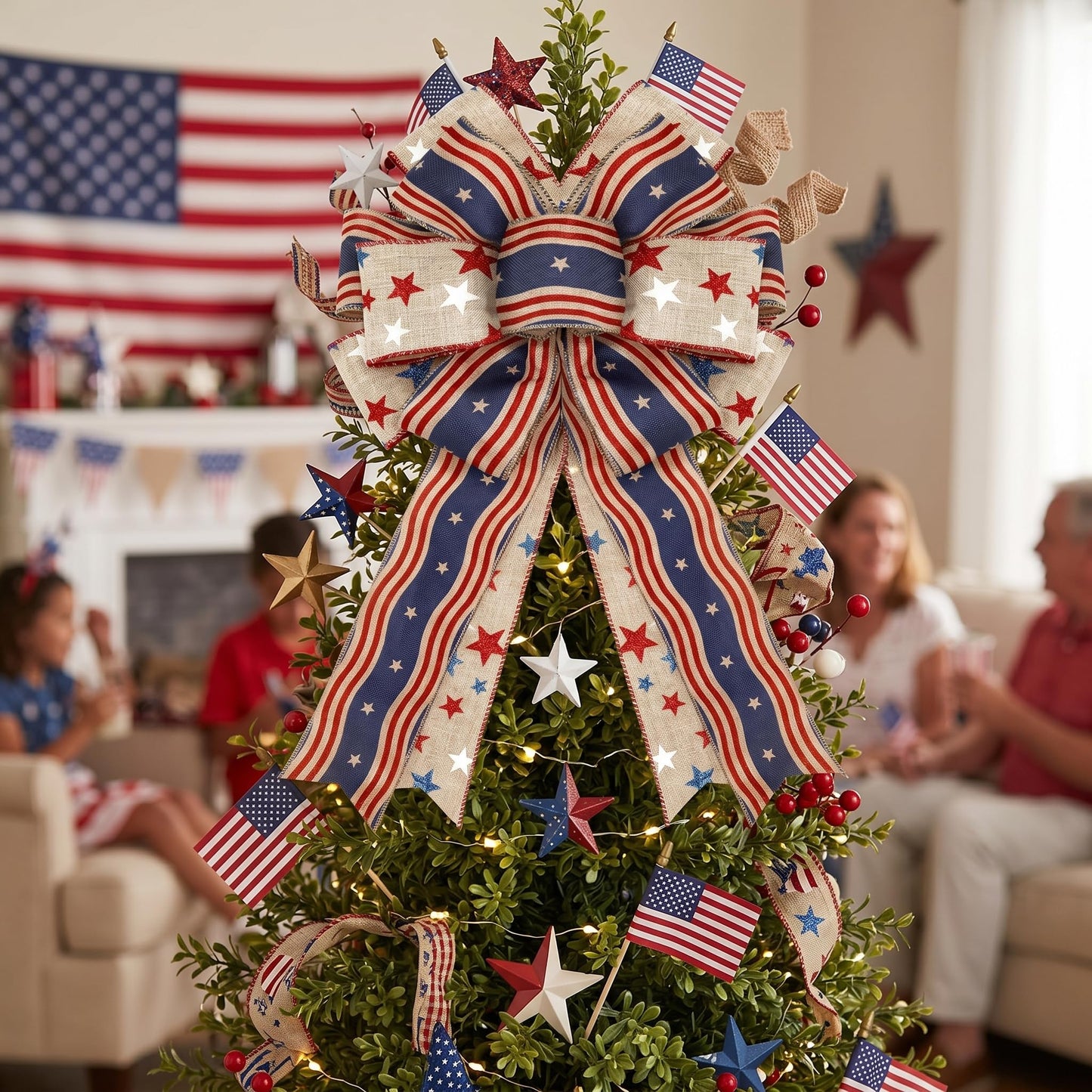 Moucuny 2 Pcs Memorial Day Bows 4th of July Patriotic Burlap Bow Red White Blue Stars Tree Topper American Flag Wreath for Indoor Outdoor 250th Anniversary Independence Party Decoration(Rustic)