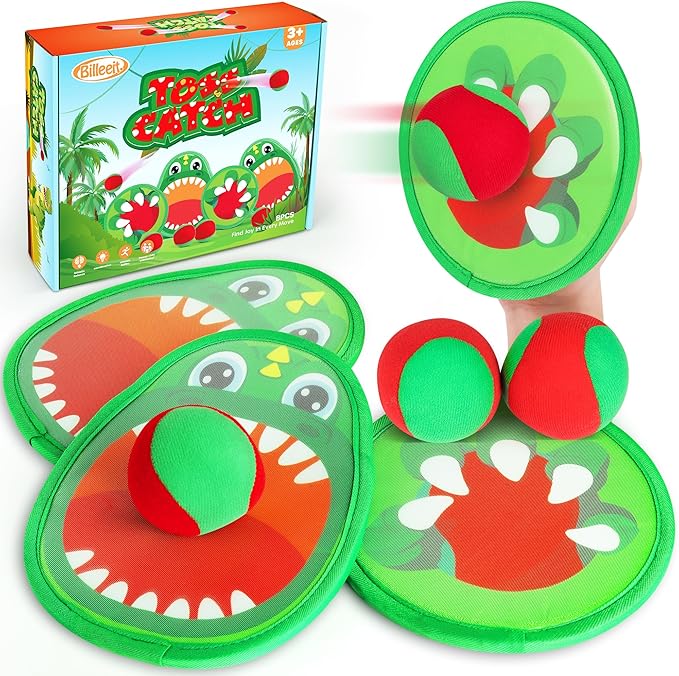 Big Dinosaur Toss and Catch Ball Set, Catch Game Outdoor Toys for Kids and Toddler, Backyard Lawn Games Pool Beach Toys with 4 Rackets, 4 Balls, 1 Drawstring Bag