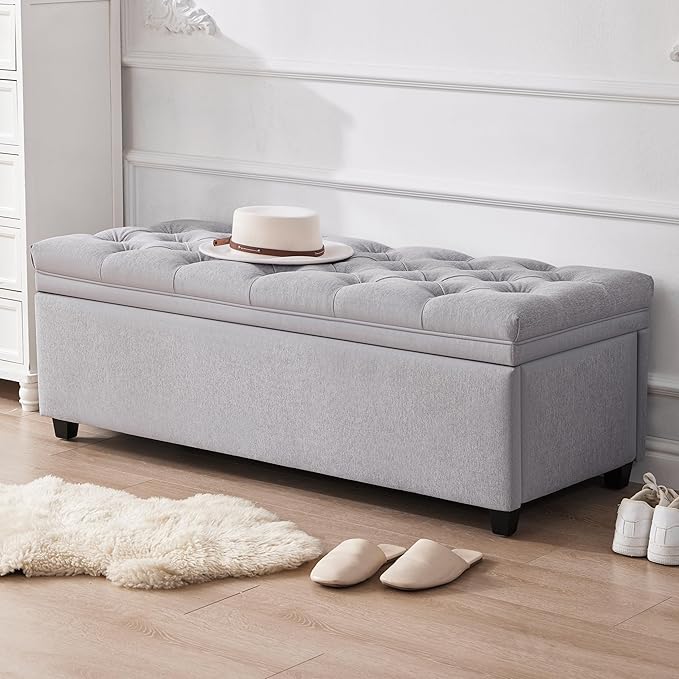 Mangodan 50" Storage Ottoman Bench, Tufted Ottoman with Storage for Living Room, Large End of Bed Ottomans, Modern Entryway Benchs, Window & Bedroom Benches for Foot of Bed (LightGray)