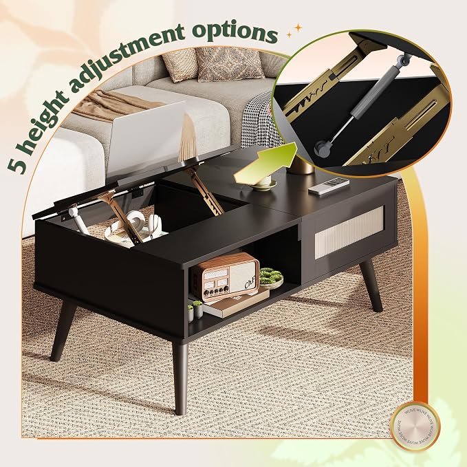 WLIVE Coffee Table, Lift Top Coffee Table with Storage Shelf, Drawer, Height Adjustable and Tilting Tabletop for Living Room, Mid Century Modern, Wood, Black