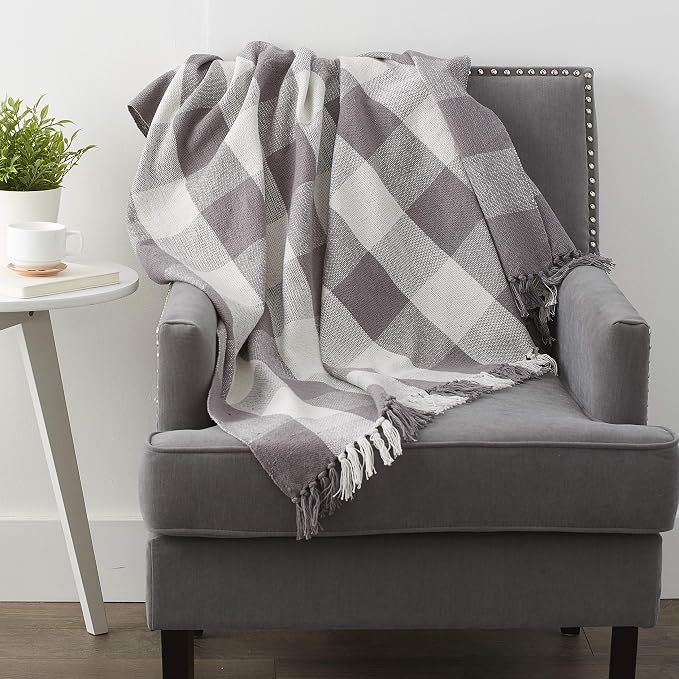 DII Buffalo Check Collection Rustic Farmhouse Throw Blanket with Tassles, 50x60, Gray/White