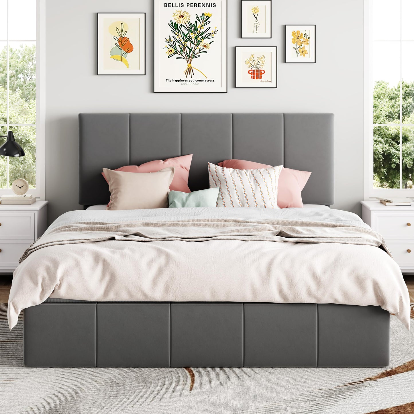SHA CERLIN Queen Size Lift Up Storage Bed Frame, Adjustable Headboard, Hydraulic Support, Velvet Upholstered, Easy Installation, No Box Spring Needed, Gray