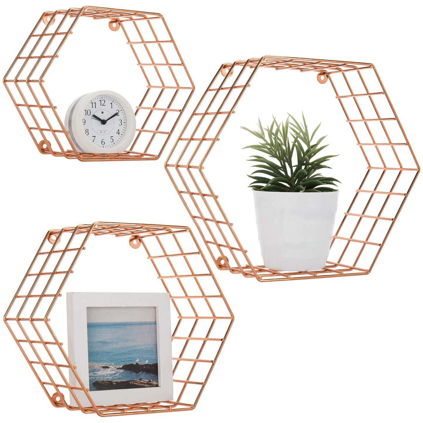 MyGift Copper Floating Hexagon Shelves, Hexagonal Copper-Tone Wire Wall-Mounted Hanging Shelf, Set of 3