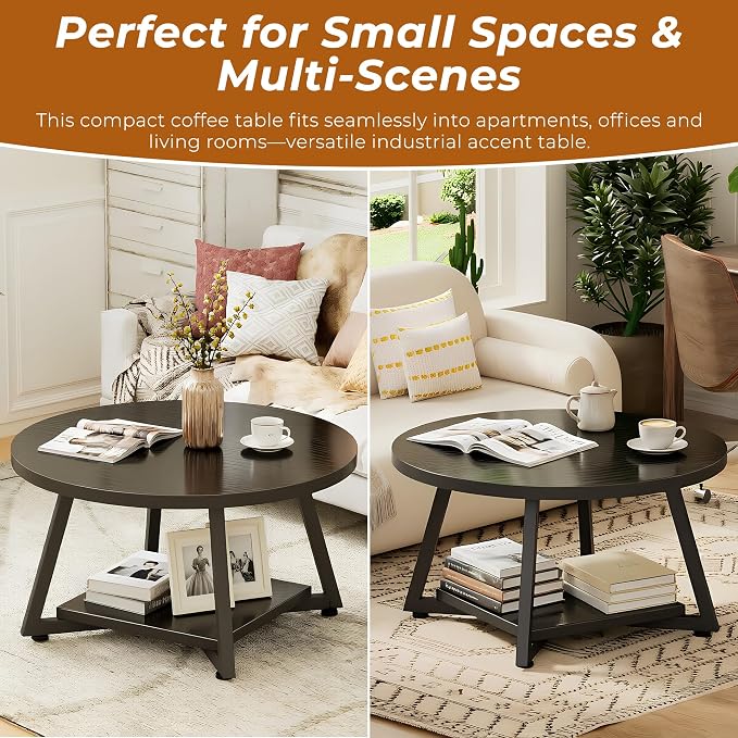 Round Coffee Table for Living Room, 27.6“ Circle Coffee Table, 2-Tier Industrial Coffee Tables with Storage, Wood Coffee Table, Modern Accent Table for Apartment, Office, Small Space, Black
