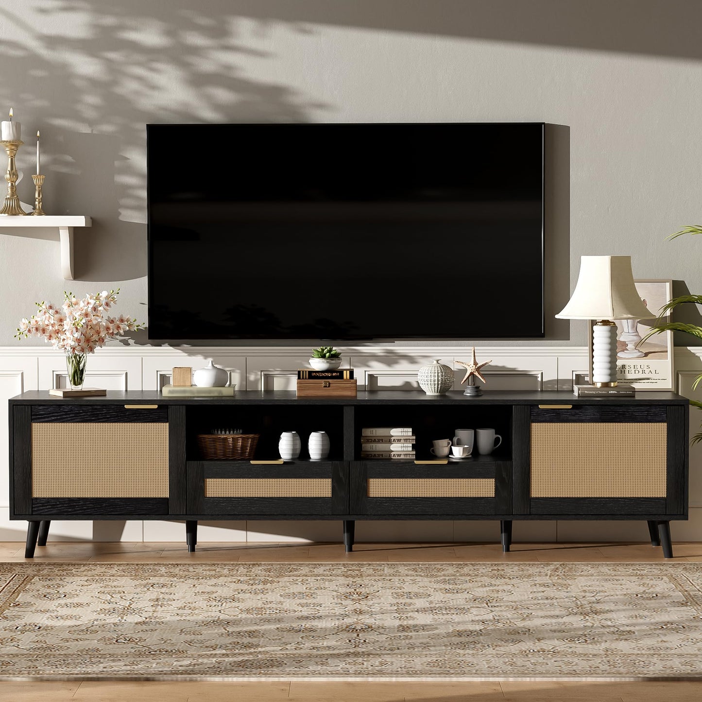 Merax TV Stand for TVs up to 85", 78 Inch Modern Media Console, Entertainment Center with Storage Drawers and Rattan Doors, Open Shelves, Solid Wood TV Cabinet Table for Living Room Furniture