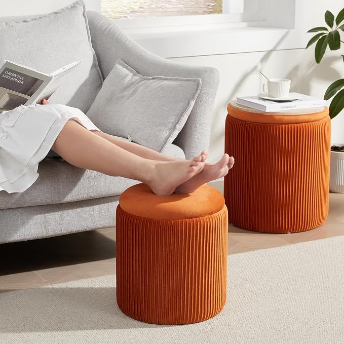 Royal Windsor Round Ottoman with Storage Set of 2,Vanity Stool with Storage for Bedroom, Ottoman Coffee Table,Small Velvet Foot Stool for Living Room, Orange