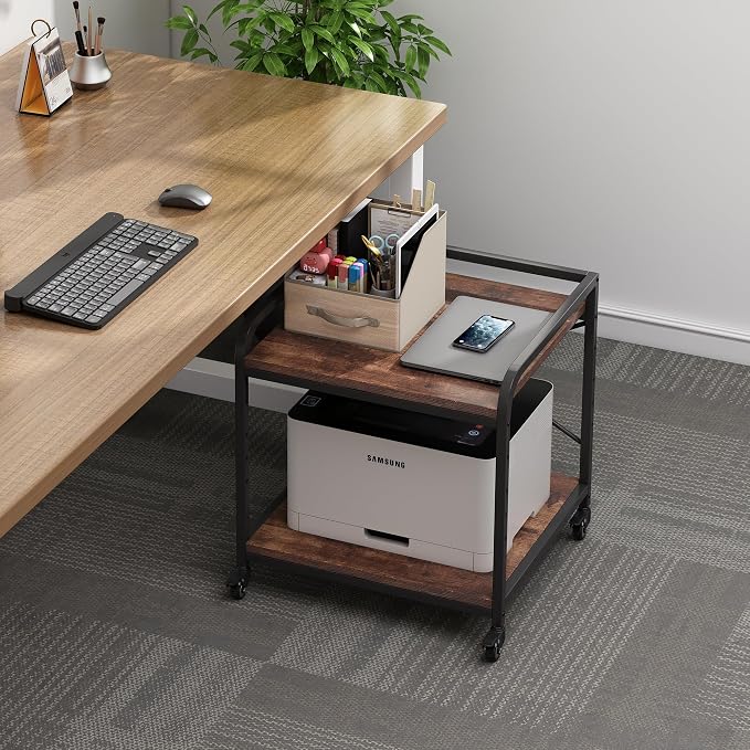Fannova Under Desk Printer Stand, 20 Inches Deep Large Printer Table with Height Adjustable Storage Shelf, 2 Tier Rolling Printer Cart with Wheels for Home Office - Rustic Brown
