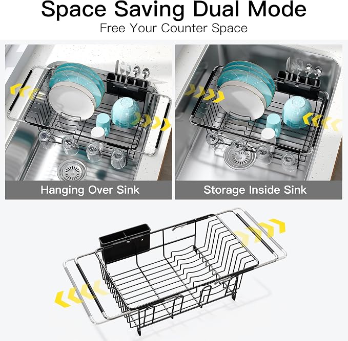JASIWAY Black Dish Drying Rack in Sink, Expandable Stainless Steel Dish Drainers for Kitchen Counter, Dish Dryer Rack for Inside Sink, Over The Sink Dish Racks with Utensil Holder