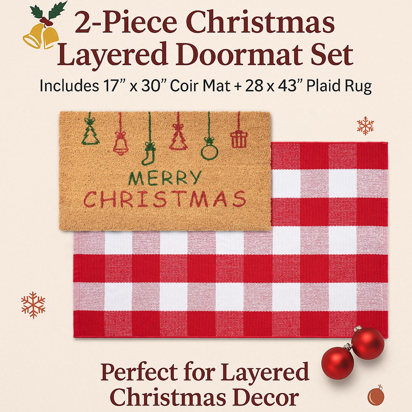Christmas Door Mat Combo Set - 100% Coco Coir Welcome Mat + 28 x 43 Inch Red and White Plaid Rug, Holiday New Year Christmas Collection Decorative Doormat for Front Porch Entryway Decor