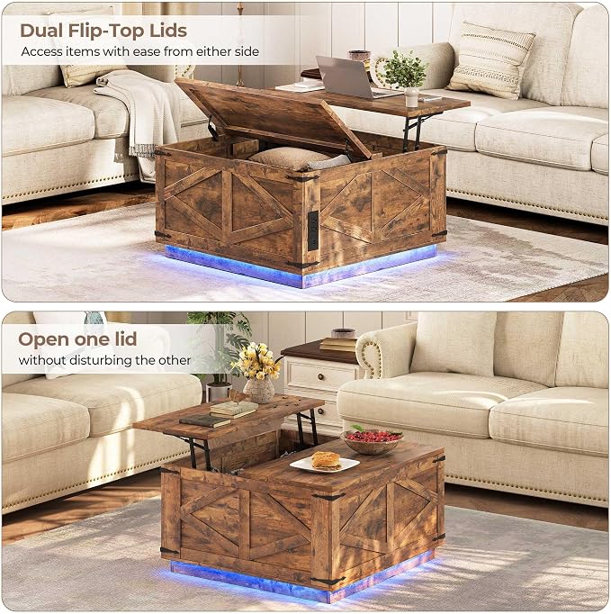 Jocoevol Farmhouse Lift Top Coffee Table, Square Wood Center Table with LED Lighting, USB-C Charging Station, and Hidden Storage Compartment - Rustic Brown Living Room Furniture