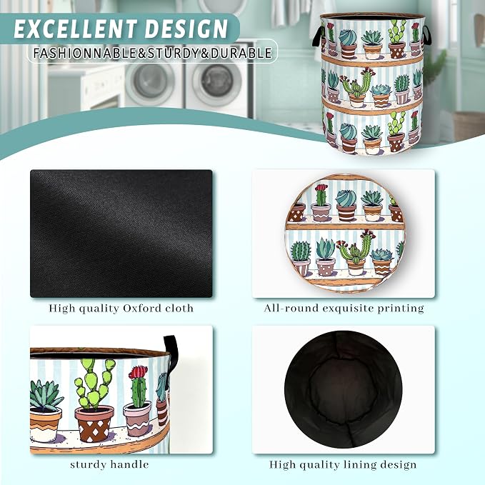 Cute Cactus Laundry Basket Tropical Cactus Flower Hamper Foldable Oxford Cloth Green Plants Colorful Tote Bag Clothes Toy Storage Bucket For Bathroom/Laundry Storage/Bedroom 18.9 x 16.5 Inch