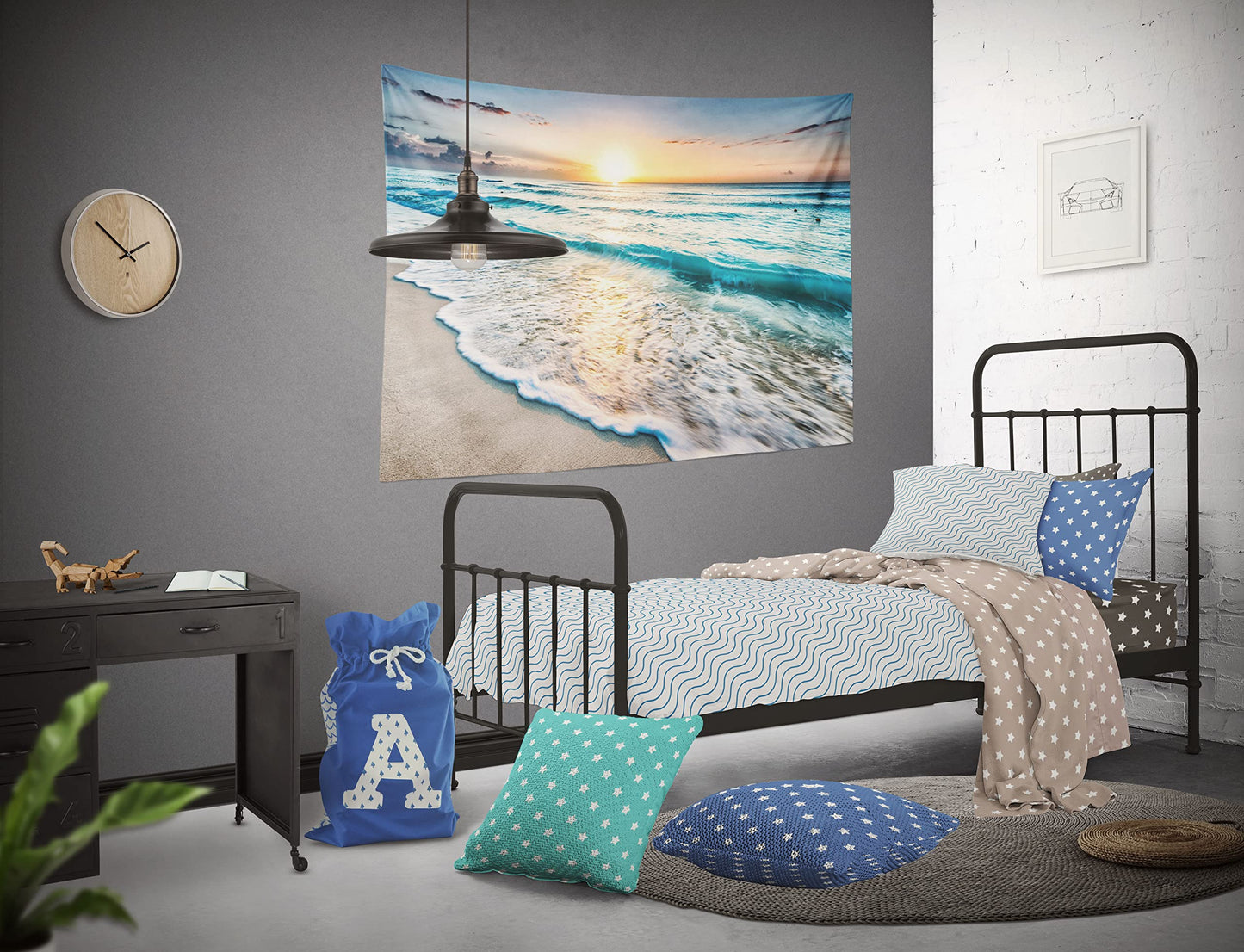 IcosaMro Beach Tapestry Wall Hanging, Ocean Sunset Sea Beach Wave Landscape Scenery Nature Wall Decorations Bohemian Home Decor for Bedroom, Dorm, College, Living Room, 51x60, Blue