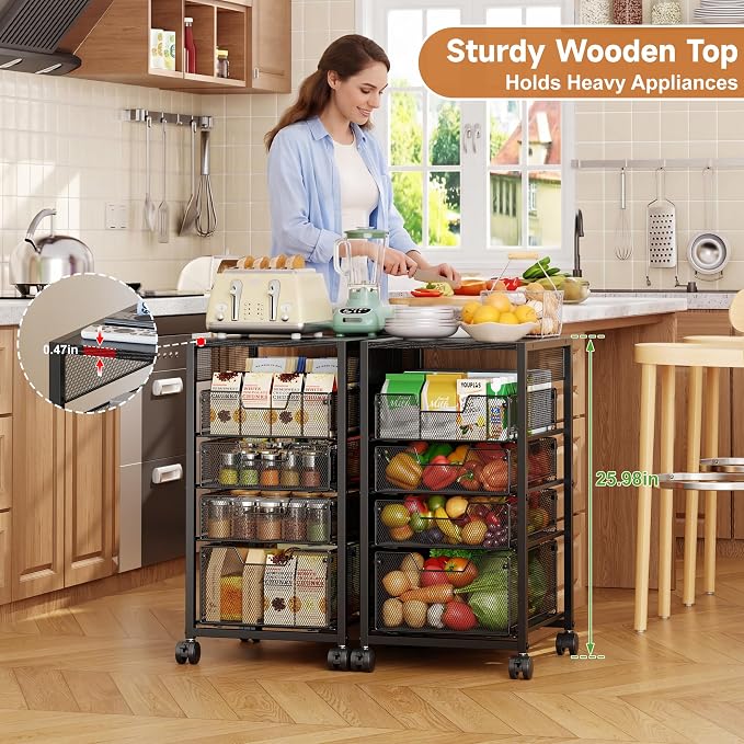 5-Tier Kitchen Utility Storage Cart with Adjustable Wood Top (Tabletop or Basket), Fruit Vegetable Storage Rack with Wheels & Drawers, Metal Rolling Pantry Cart, Kitchen Organizer for Snack Can Potato