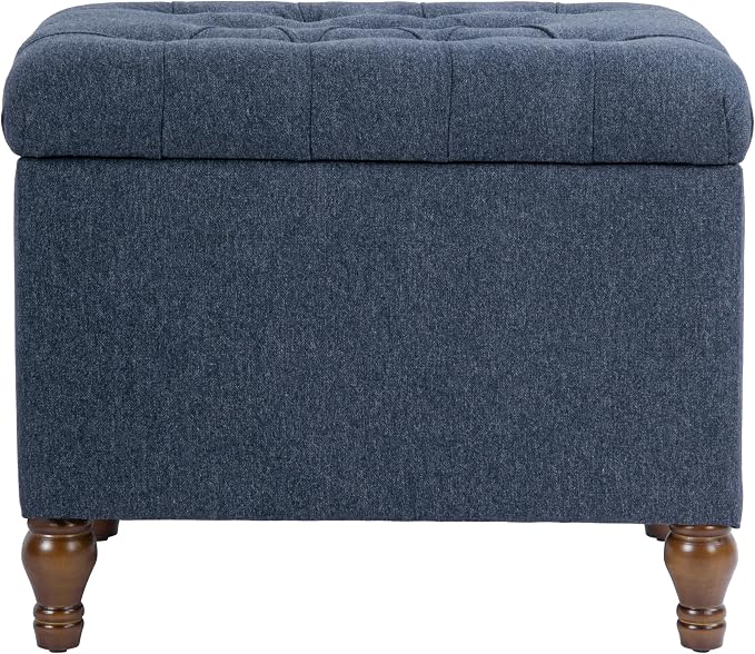 Spatial Order Home Decor | Upholstered Button Tufted Storage Ottoman | Hinged Lid Ottoman with Storage for Living Room & Bedroom | Decorative Home Furniture (Blue Woven Fabric)